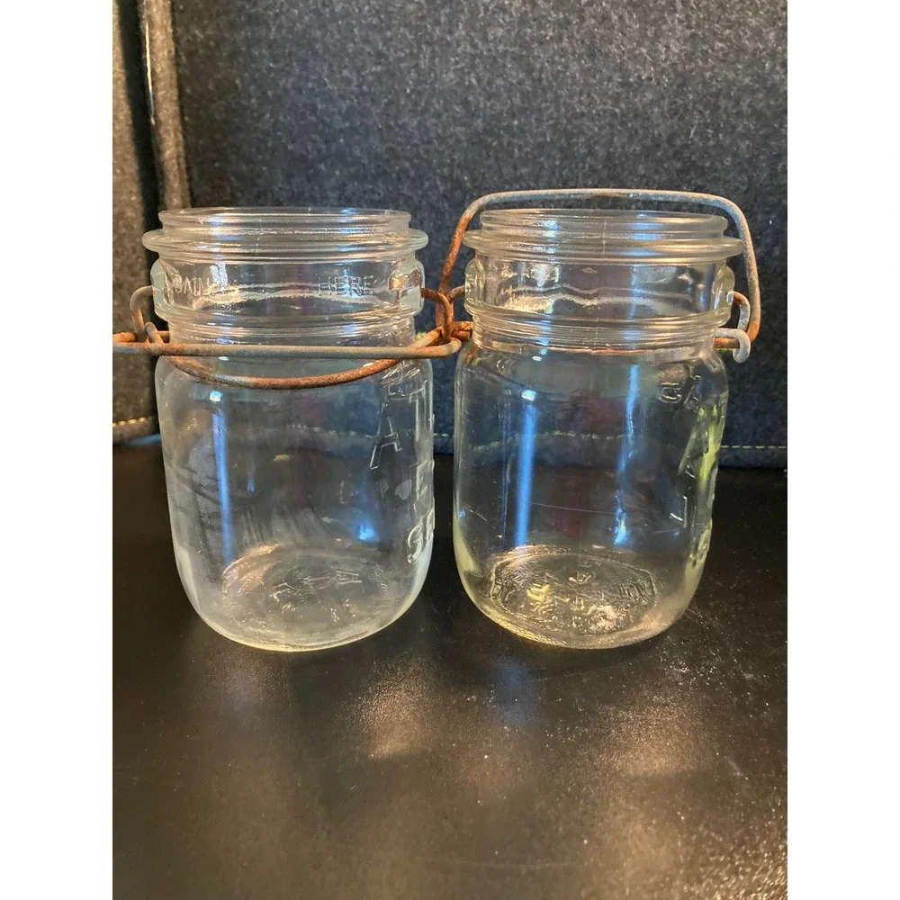 2 Vintage Style Atlas E-Z Seal Glass Canisters Wire Bail Closure Decorative Jars